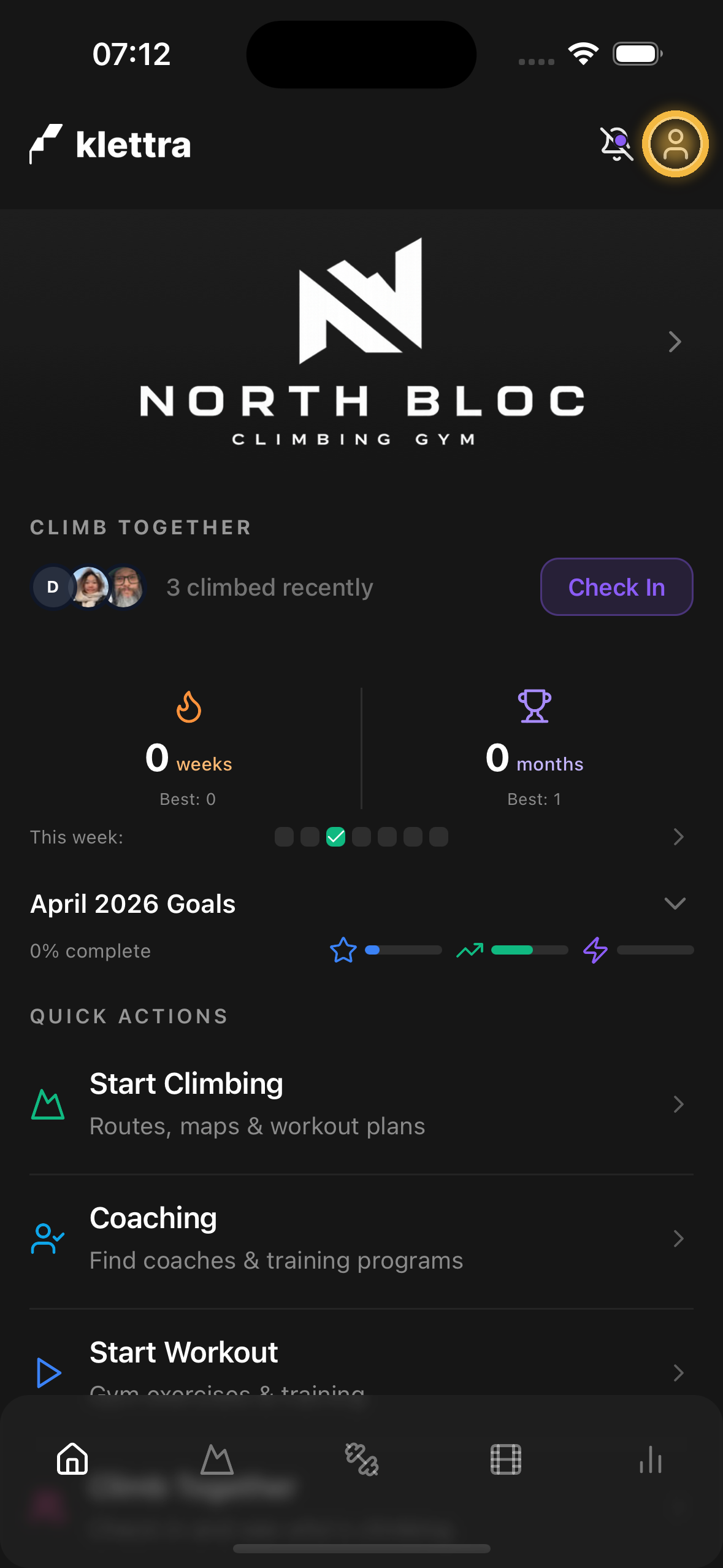 Klettra home screen with the profile icon highlighted