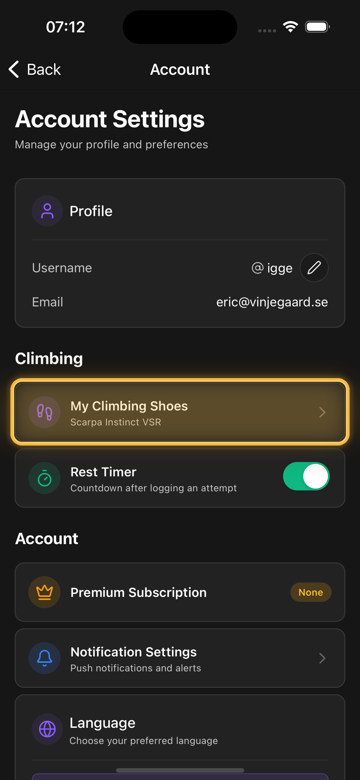 Account screen with My Climbing Shoes highlighted