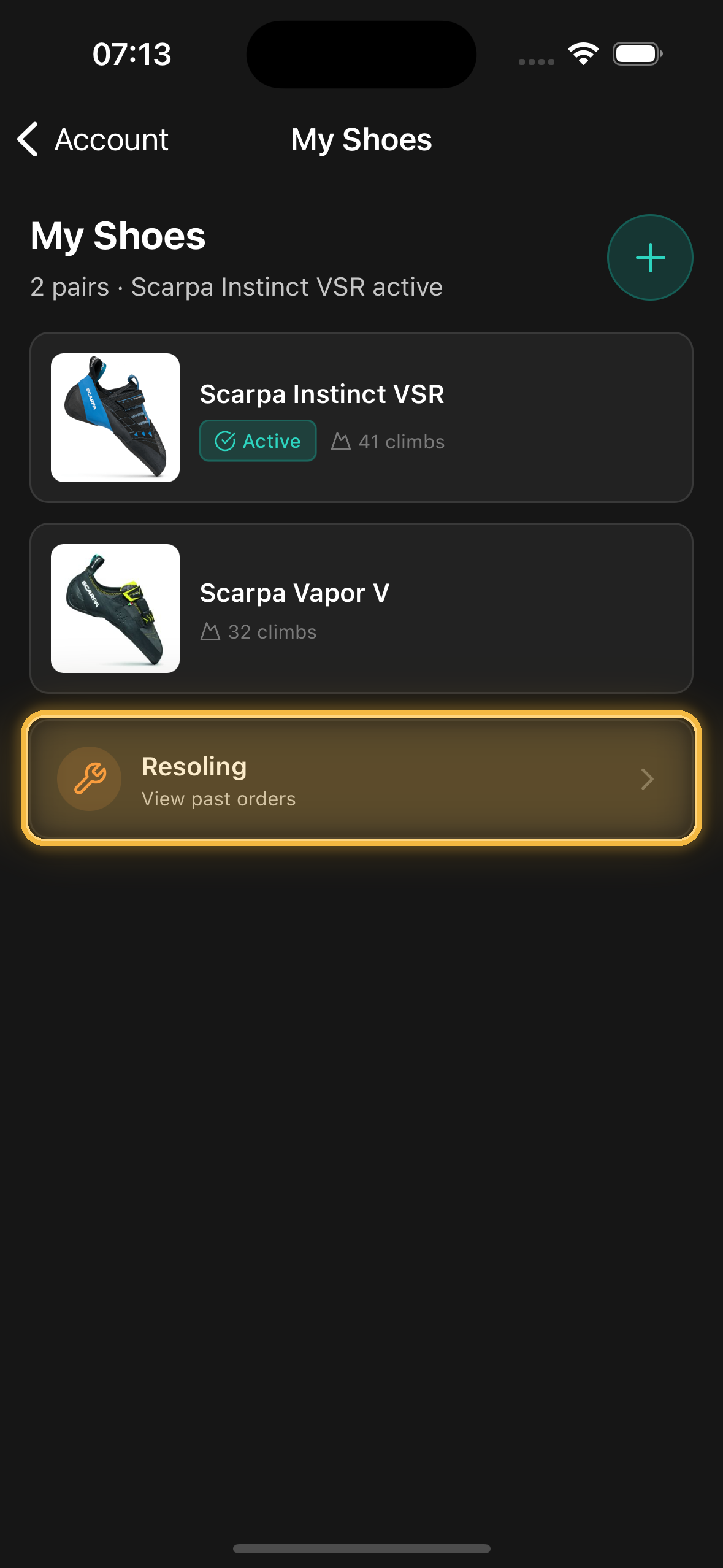 My Shoes screen with the Resoling card highlighted