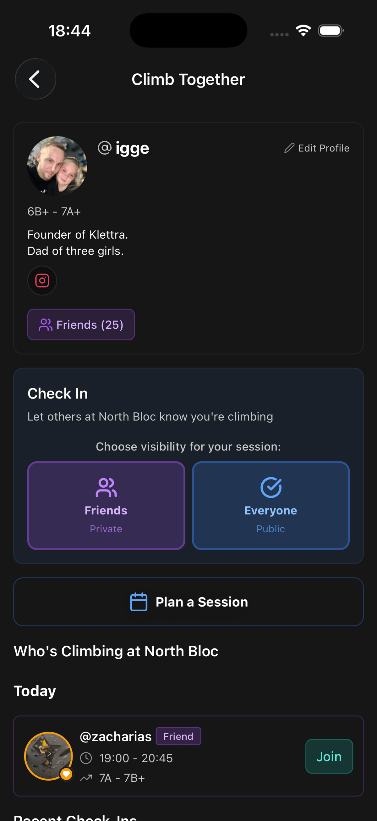 Check in at the gym, see who is climbing, and plan sessions