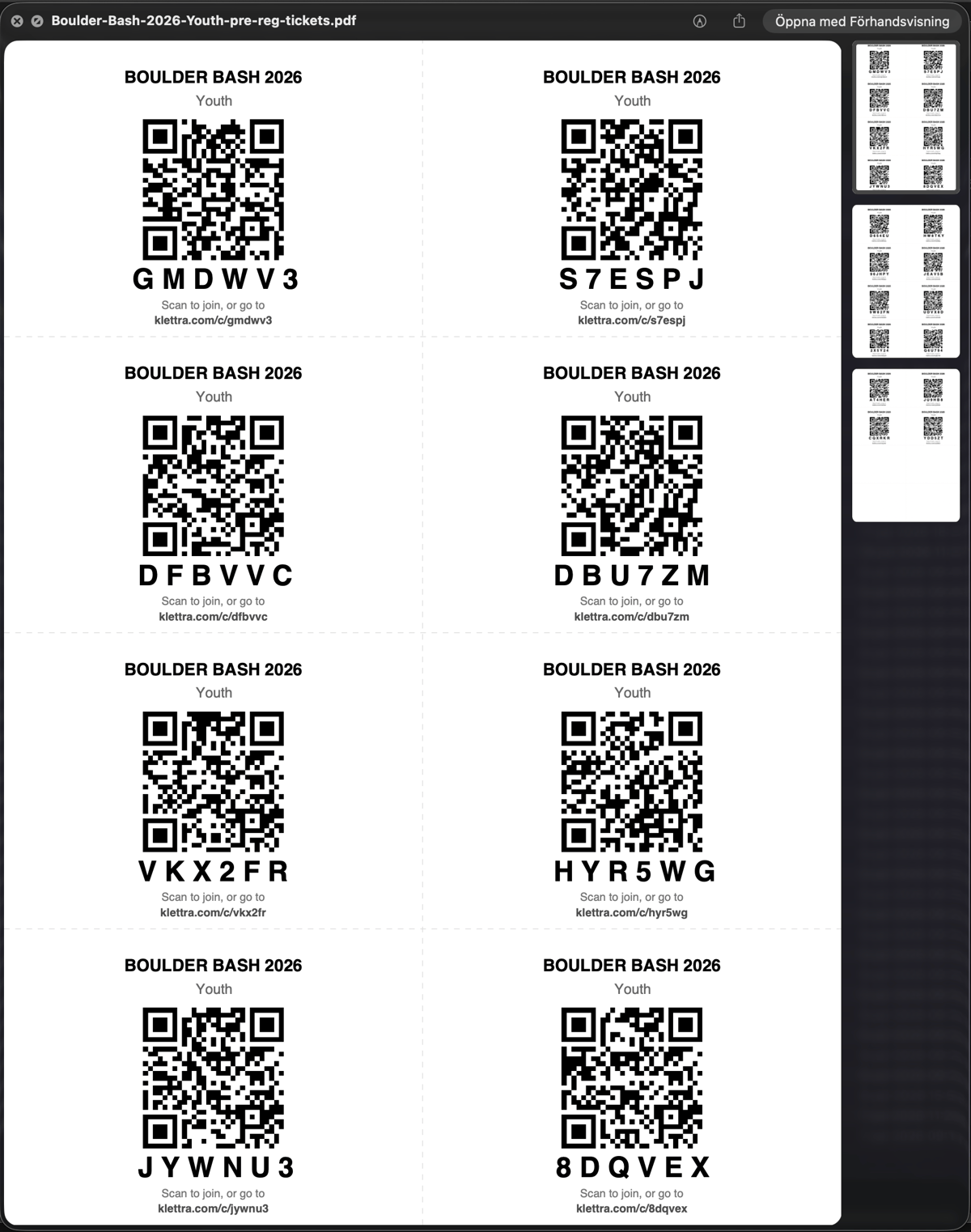 A print-ready A4 sheet of QR tickets with cut guides and six-character codes