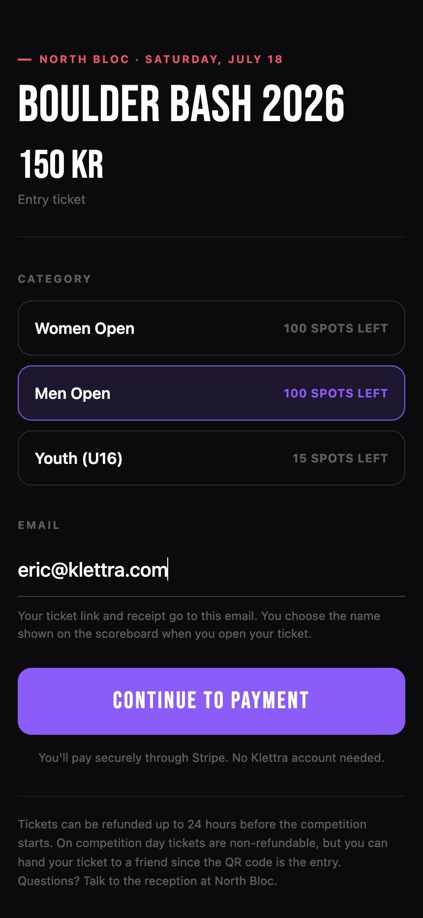 The public ticket shop on a phone, with live spots left per category