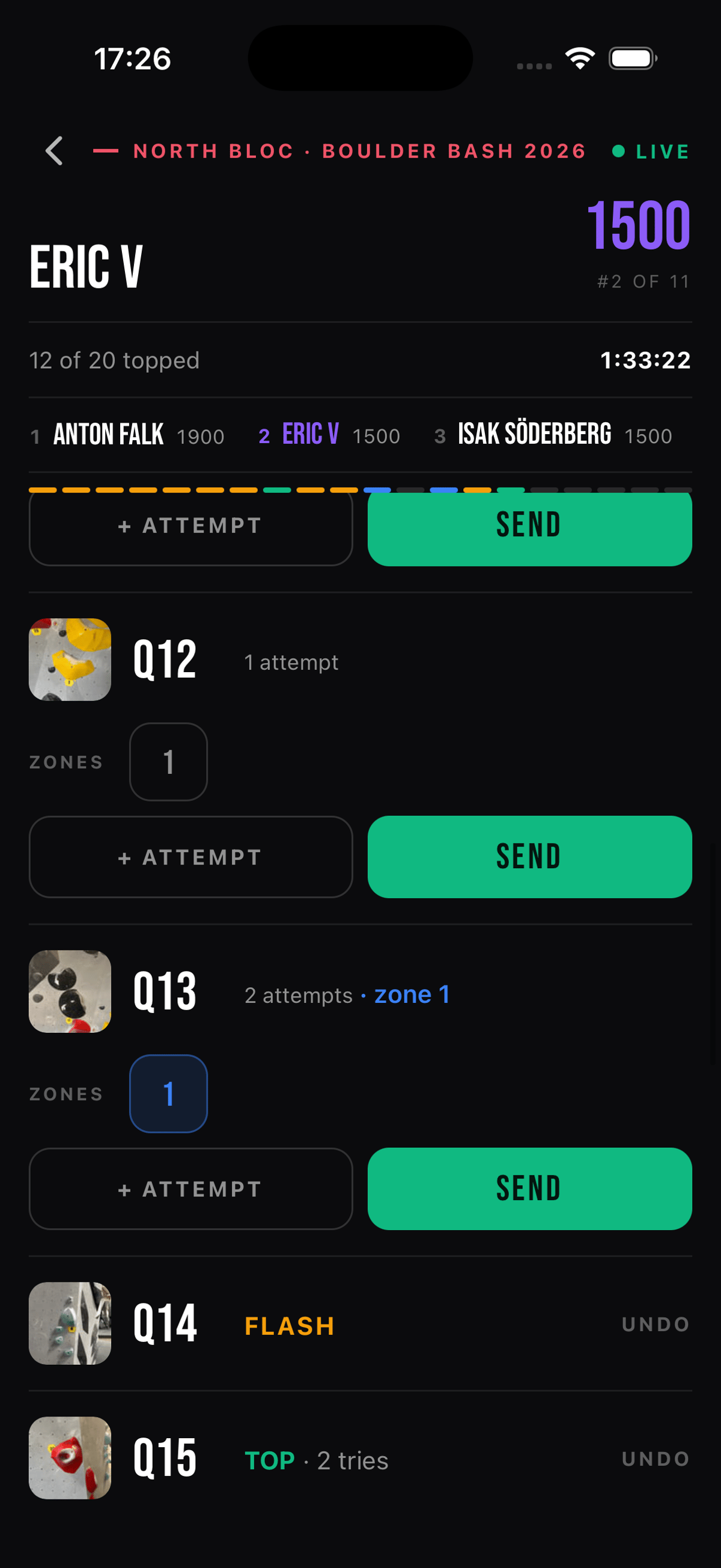 A live competition scorecard opened from a scanned ticket