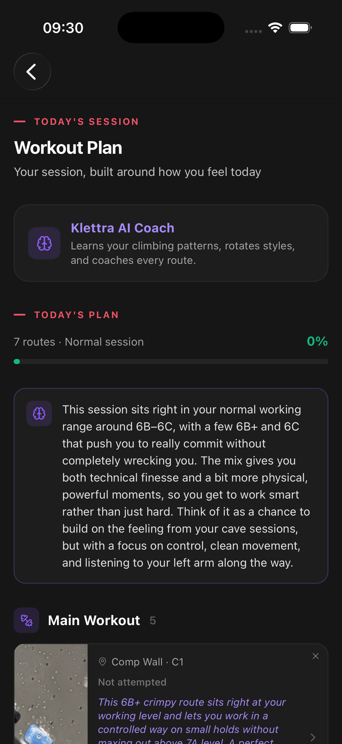 A generated workout plan built from routes on the gym walls