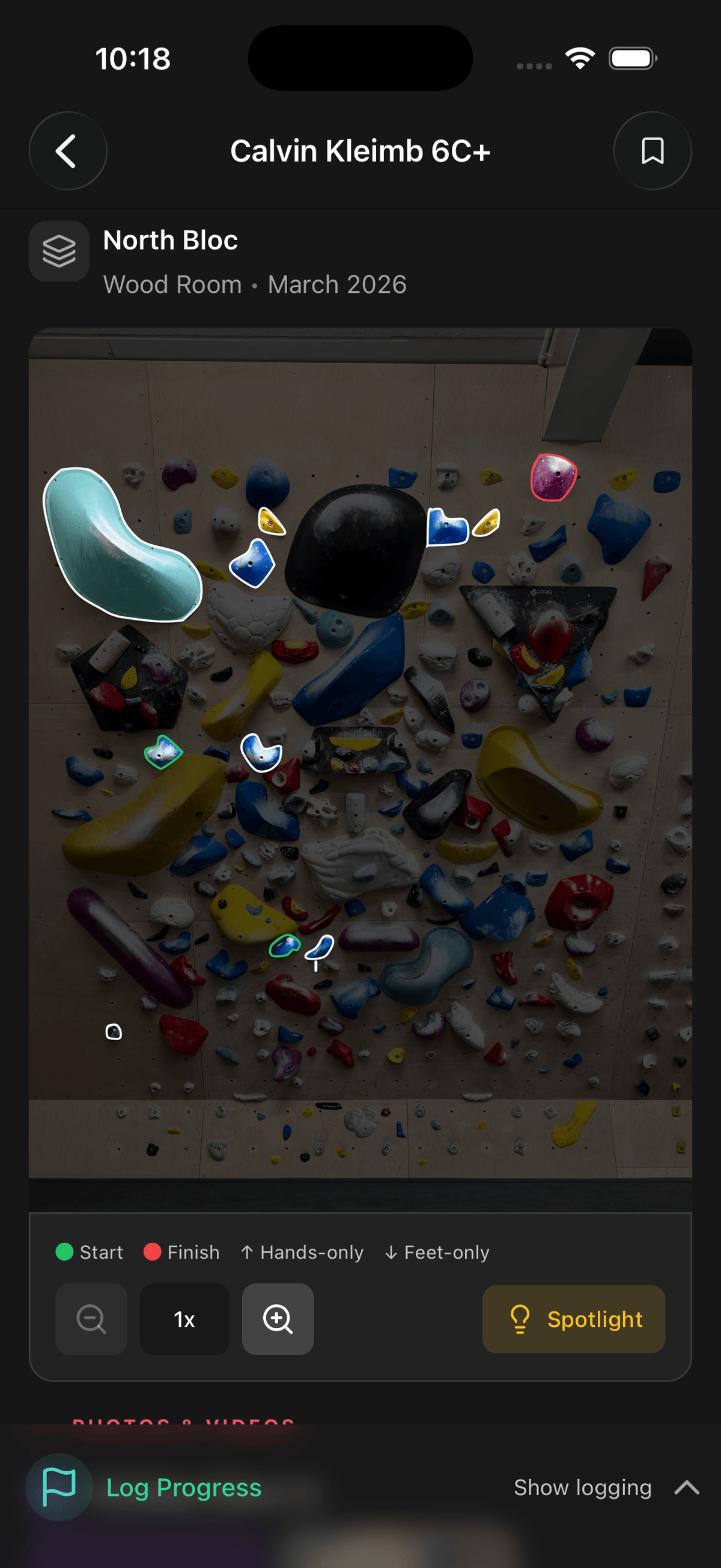 Setting a route on the spray wall with detected holds