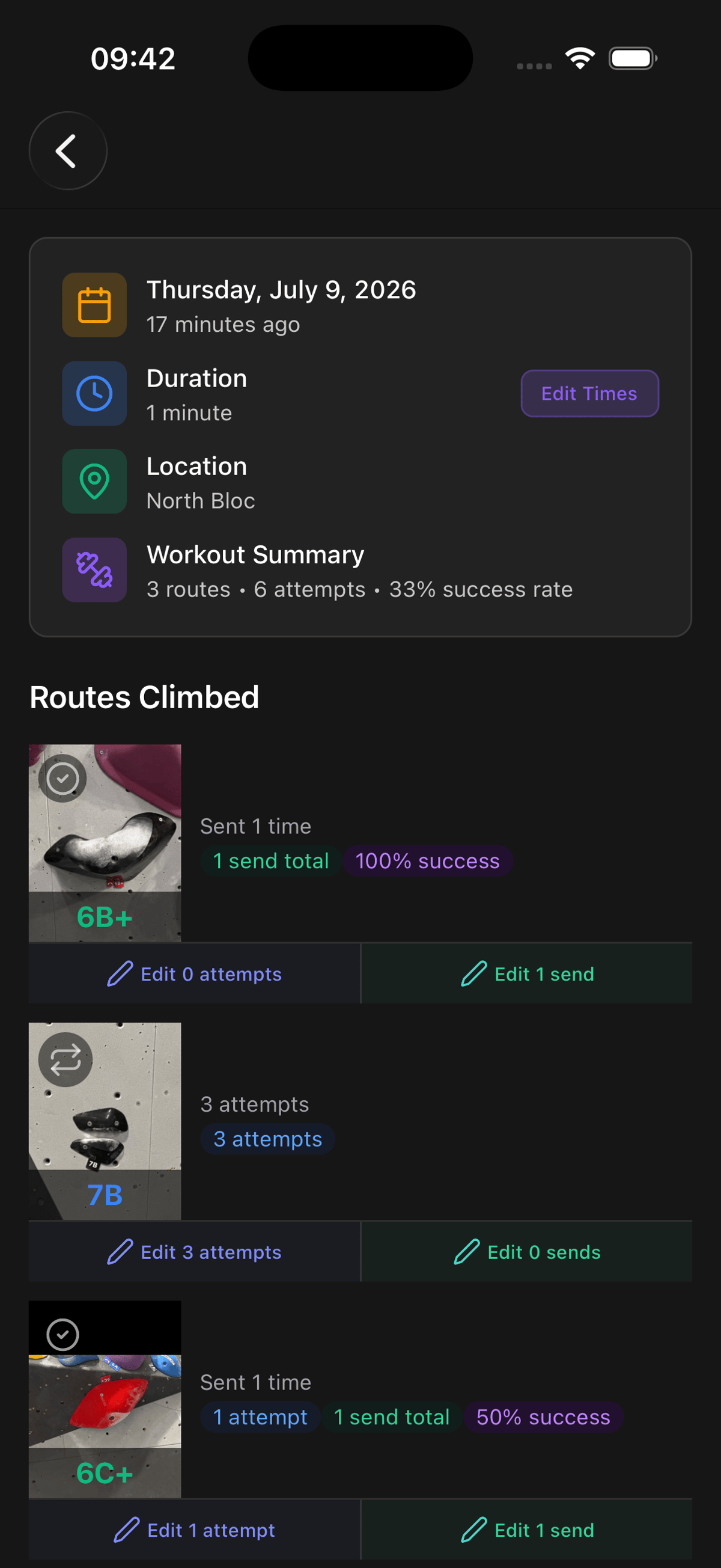 A structured workout session summary