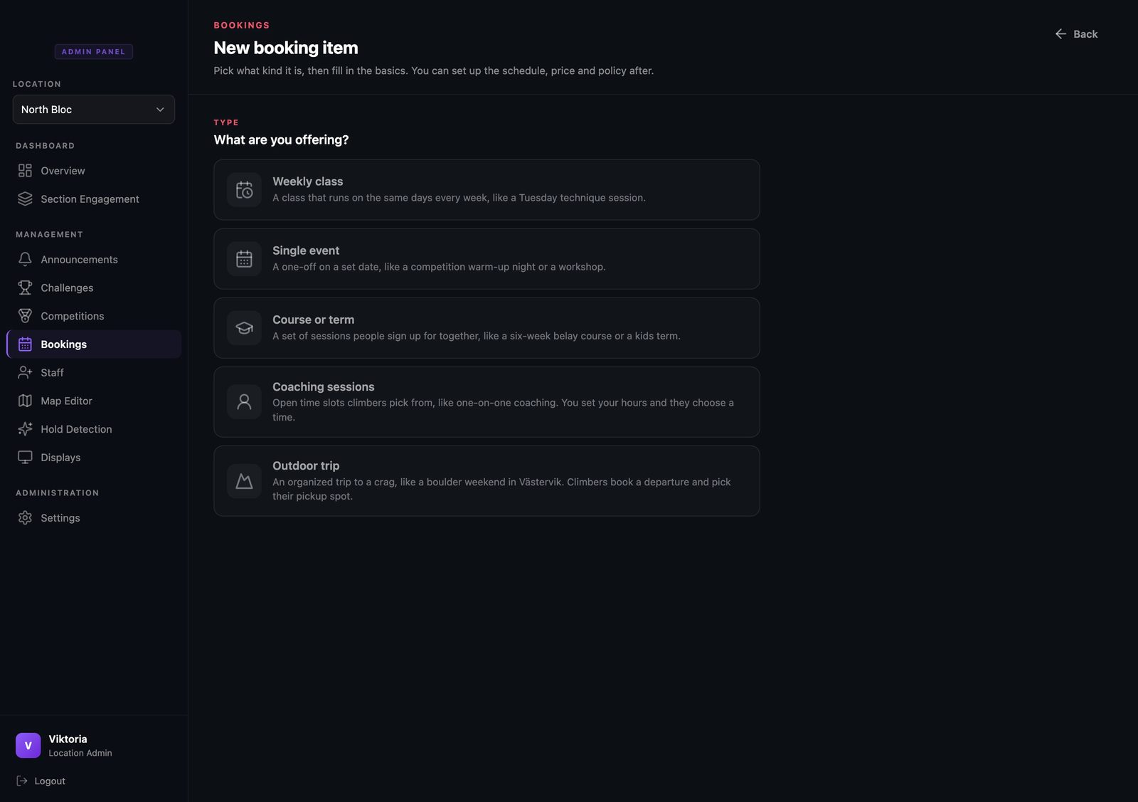 The new booking item screen listing five types: weekly class, single event, course or term, coaching sessions, and outdoor trip, each with a short description.