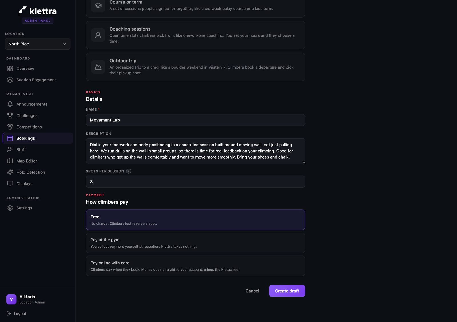 The details form filled in with a class name, description, number of spots, and the free payment option selected, ready to create a draft.