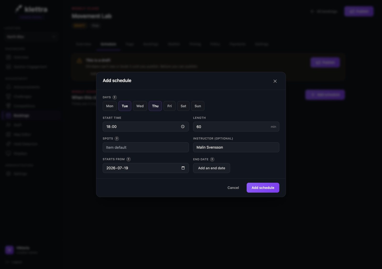 The add schedule panel with weekday chips, a start time, a length in minutes, a spots field, and an optional instructor name.