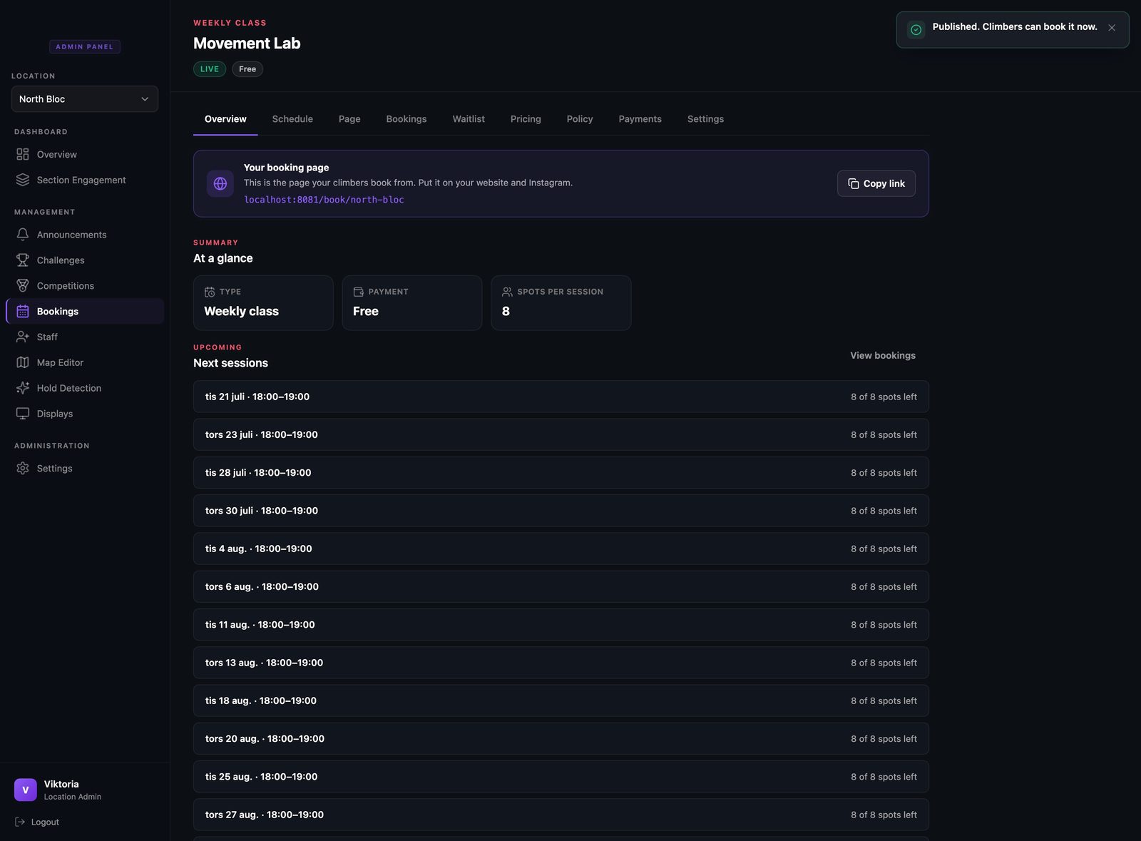The live overview after publishing, with a confirmation that climbers can now book and a list of upcoming session dates.