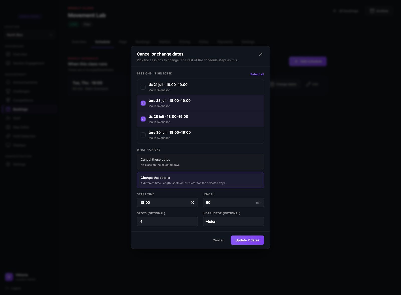 The cancel or change dates panel with two sessions ticked and the option to change their time, length, spots, or instructor.