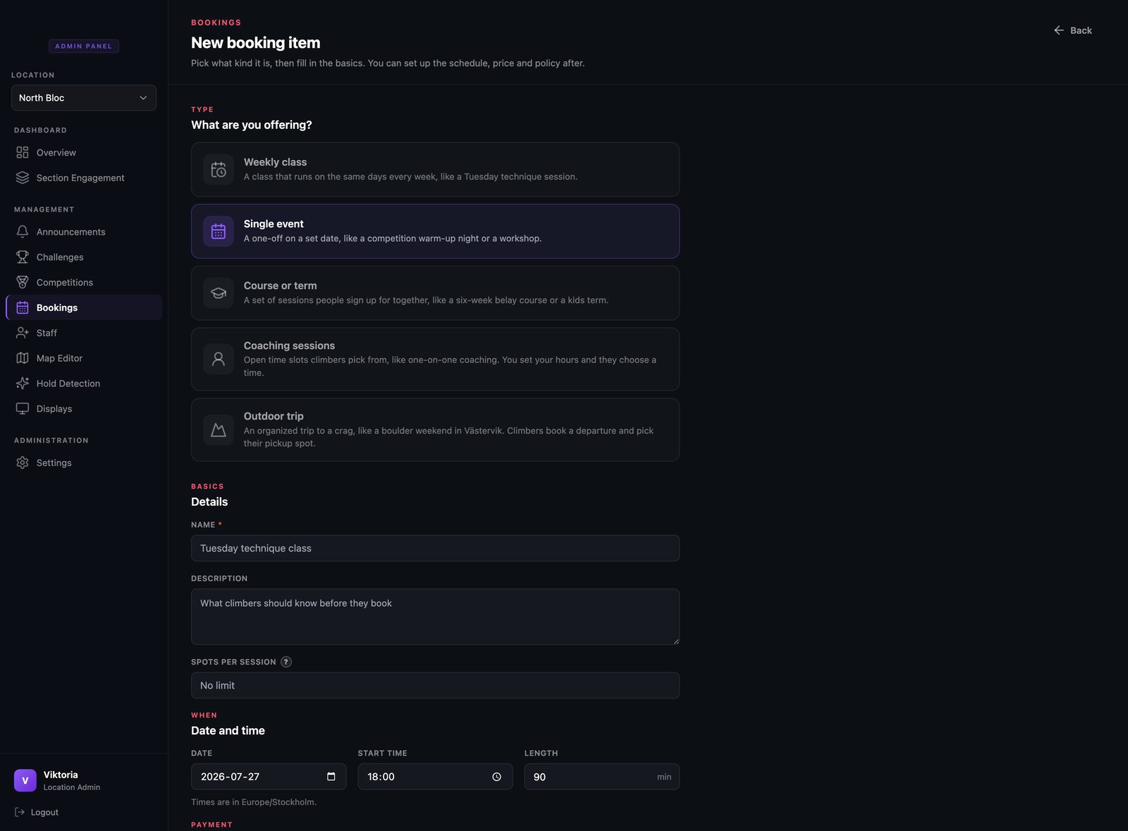 The new booking item screen with the single event type selected.