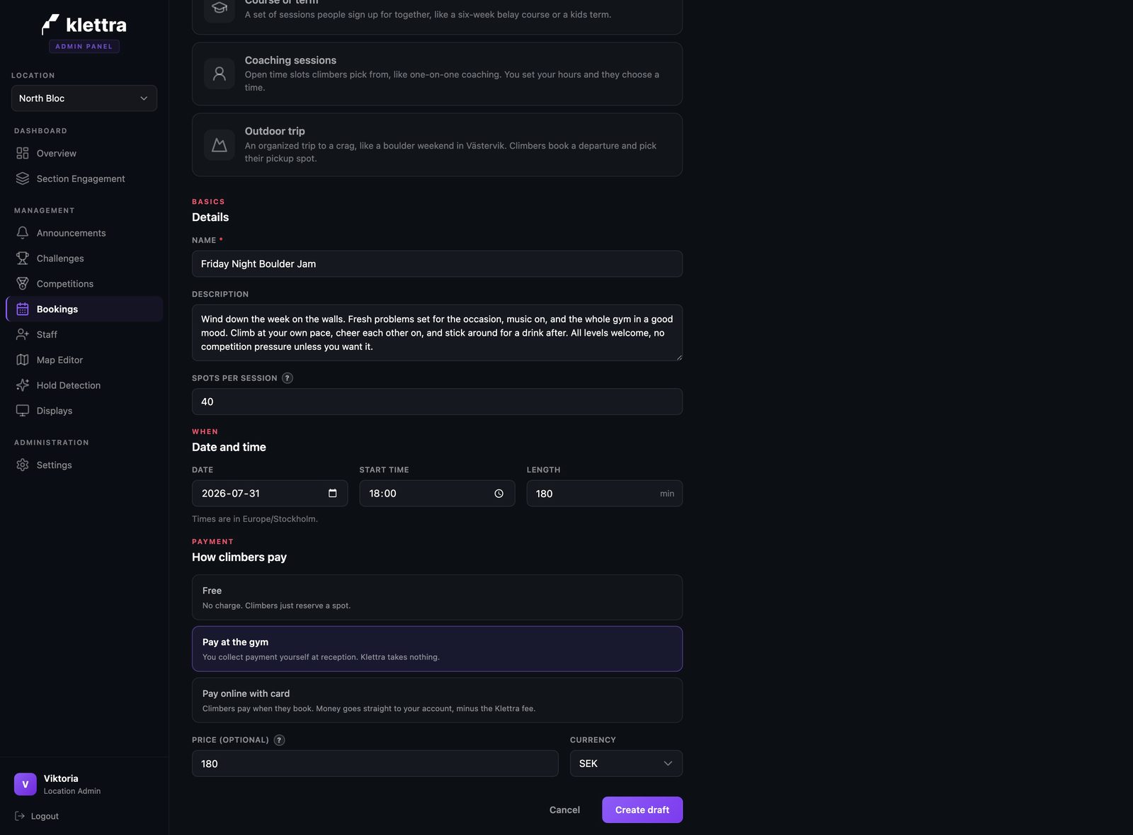The single event form with inline date and time fields filled in.