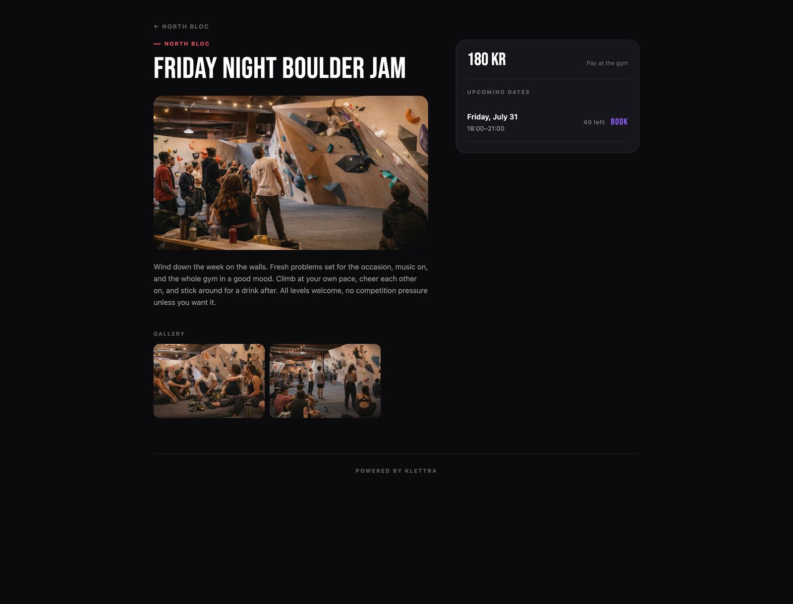The public event page with a cover photo, gallery, and a booking card showing the price, pay at the gym, the Friday date, and spots left.