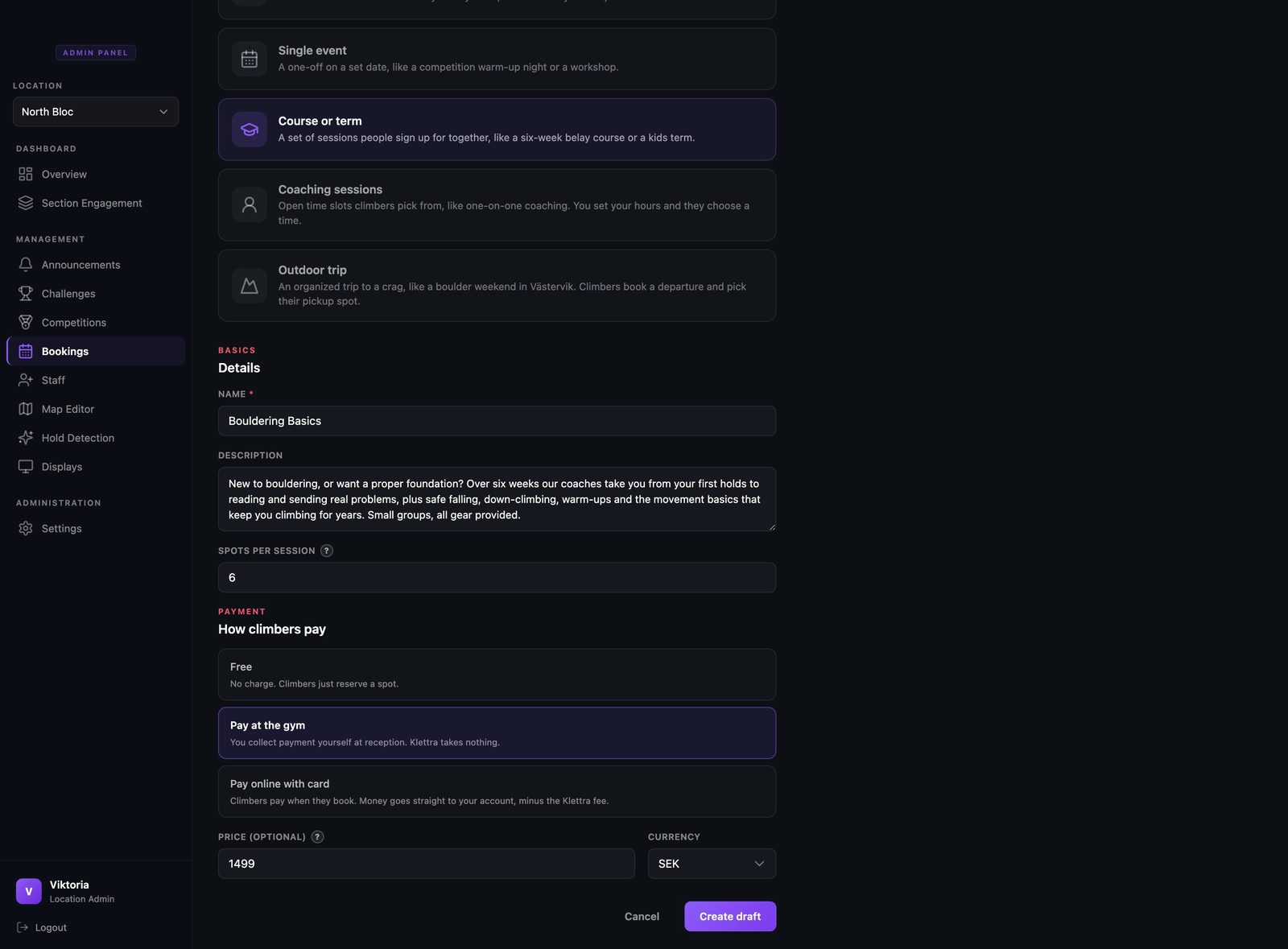 The new booking item screen with the course or term type selected.