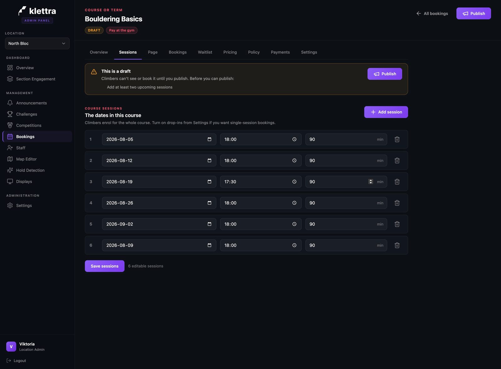 The sessions tab while adding dated session rows to the course.