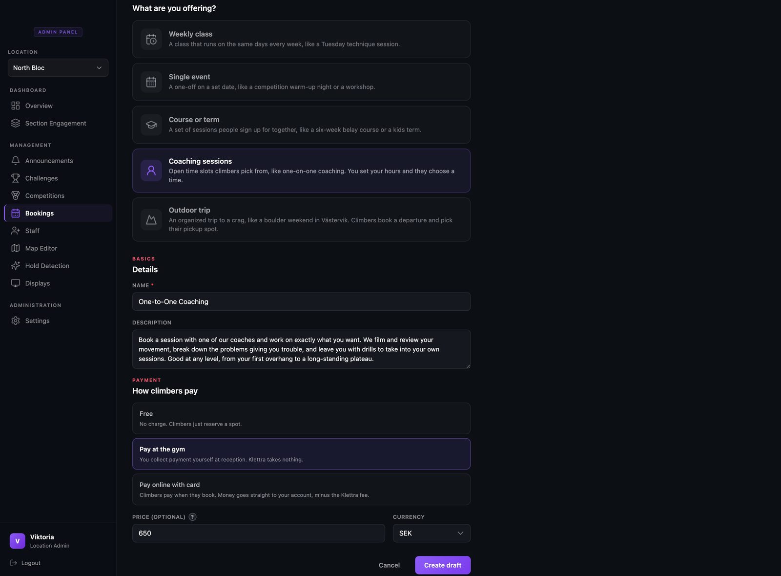 The new booking item screen with the coaching sessions type selected.