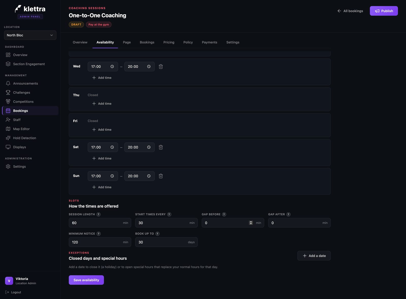 The availability editor with open hours per weekday and the slot rules for session length, spacing, gaps, notice, and how far ahead to book.