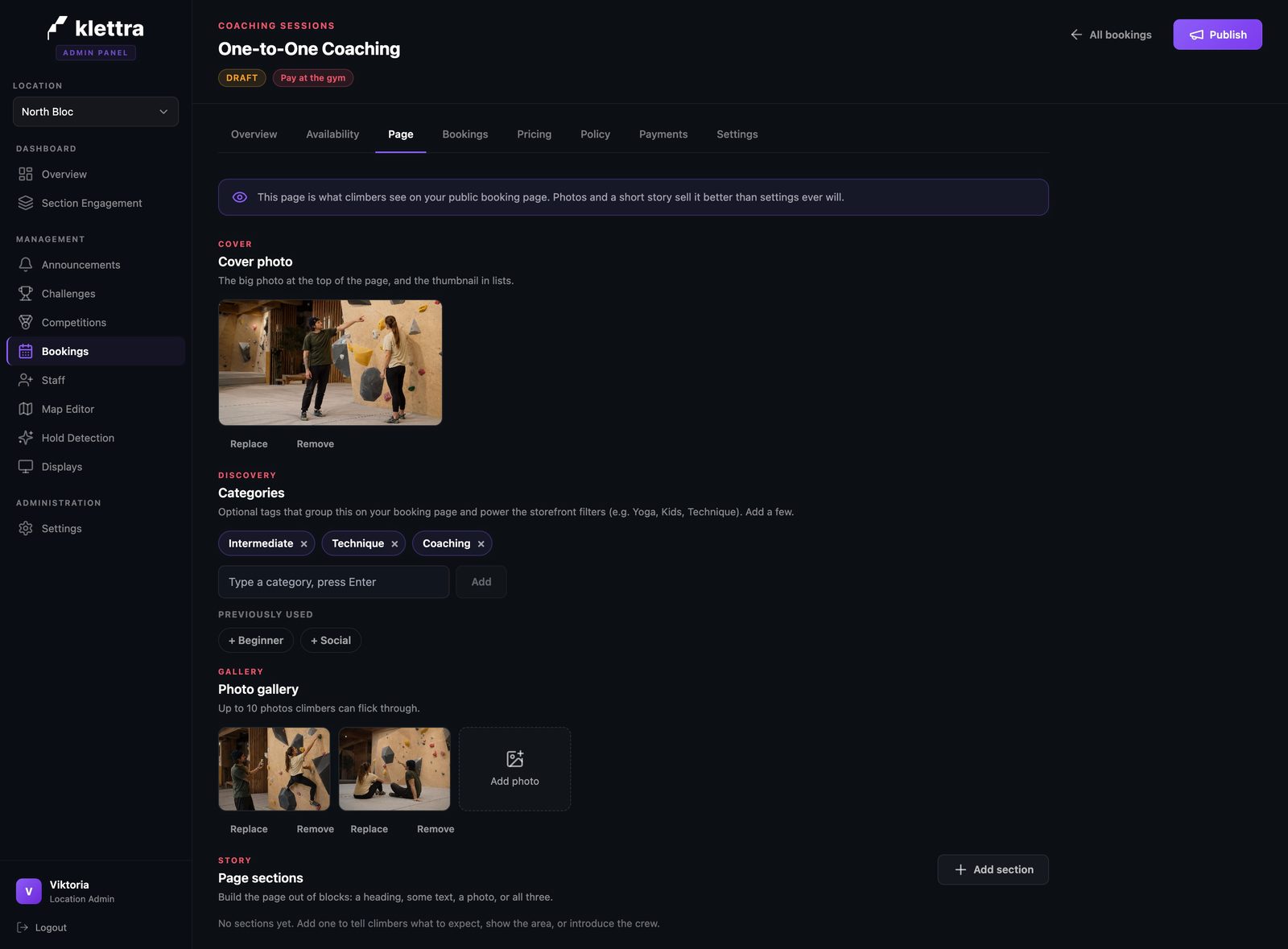 The page editor for the coaching item, with a cover photo and description.