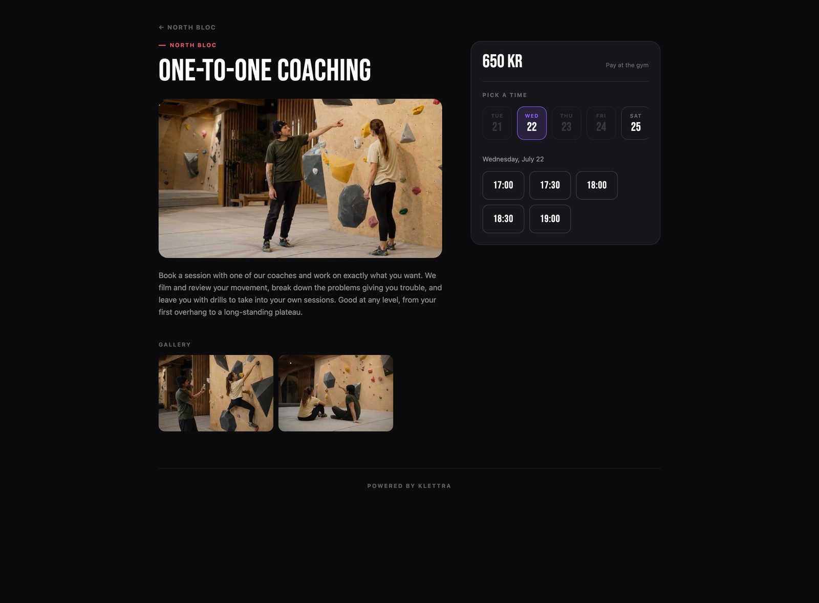 The public coaching page with a day strip and a grid of bookable times worked out from the open hours.