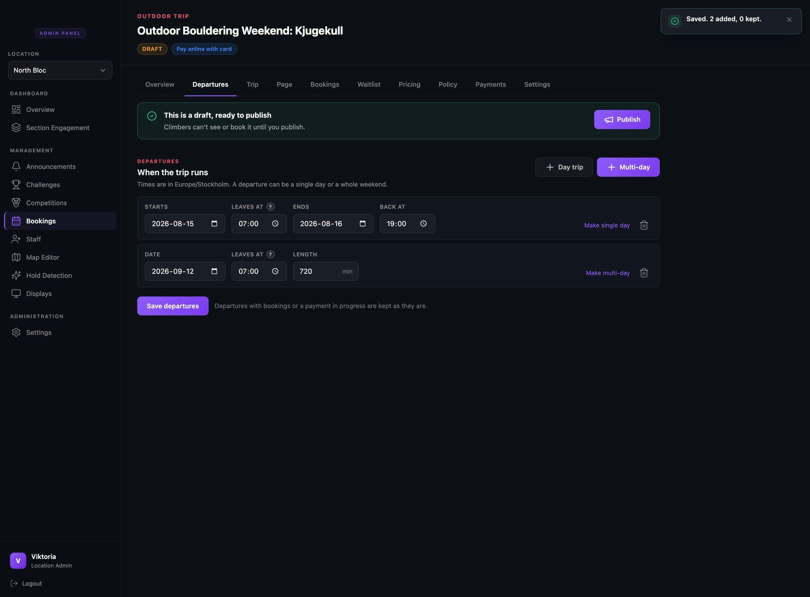 The departures editor with a single-day departure and a multi-day departure running across a weekend.