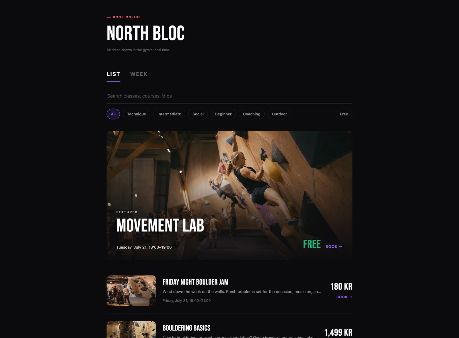 The public booking page with a search box, category chips, a free toggle, and a featured session at the top.