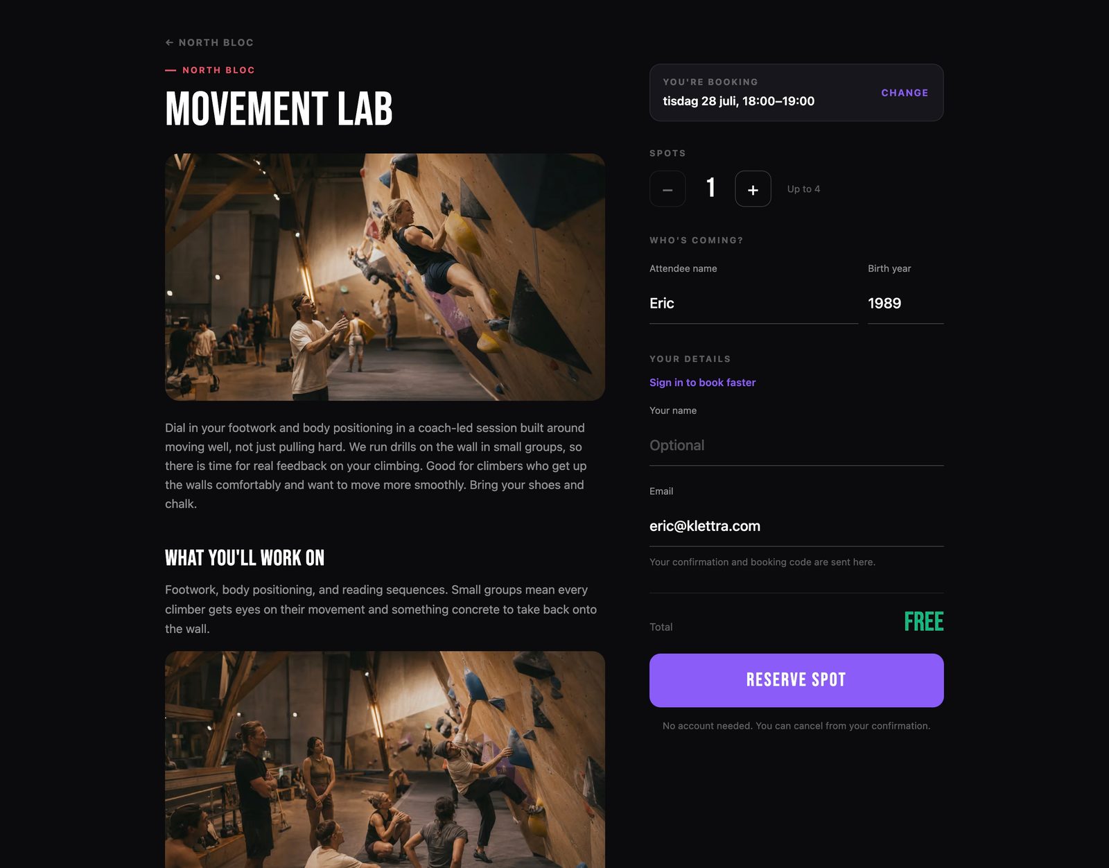 The booking form with a chosen session, a spots stepper, an attendee name, and an email field.