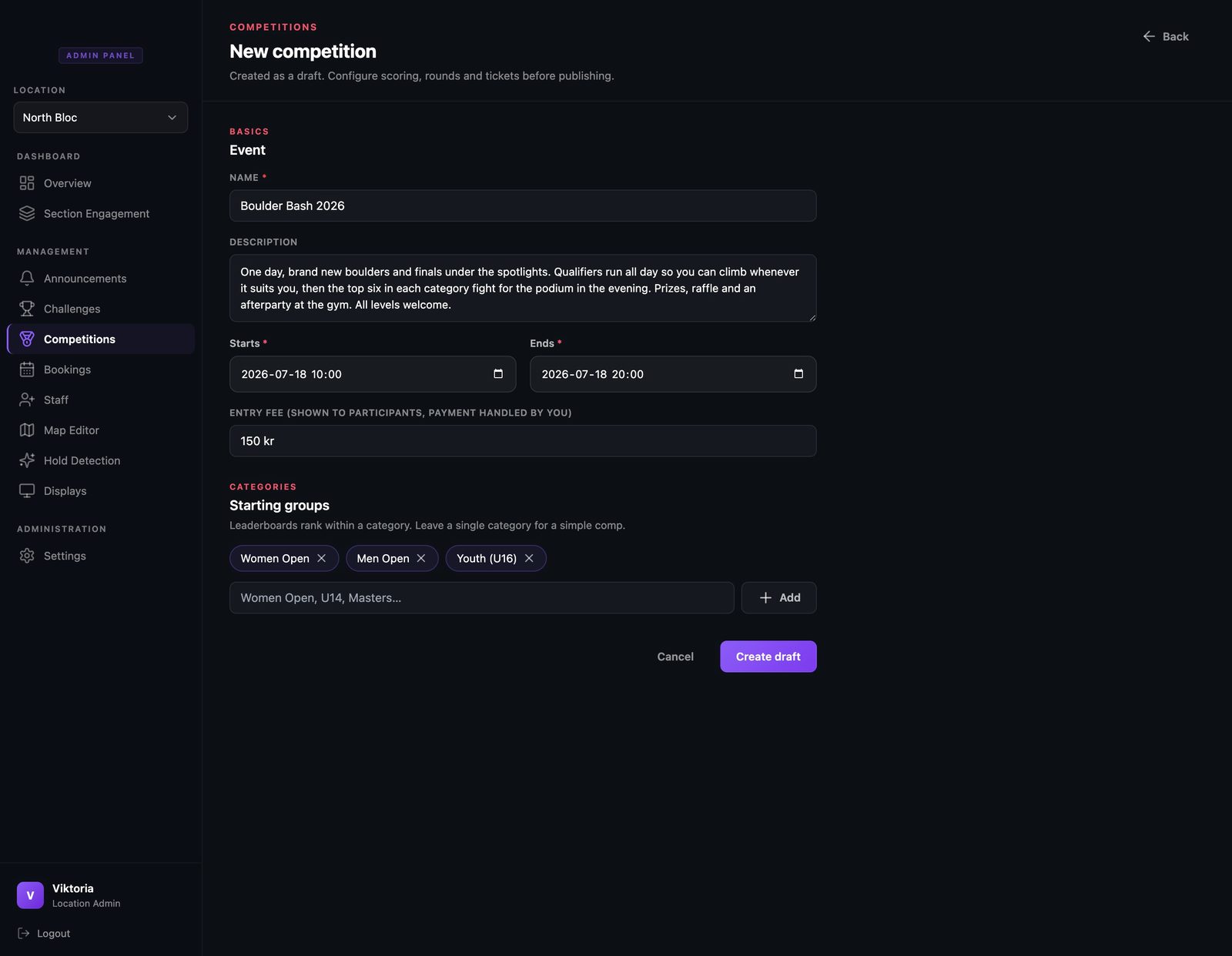 The new competition form with a name, description, date and times, entry fee, and category chips for Women, Men, and Youth.