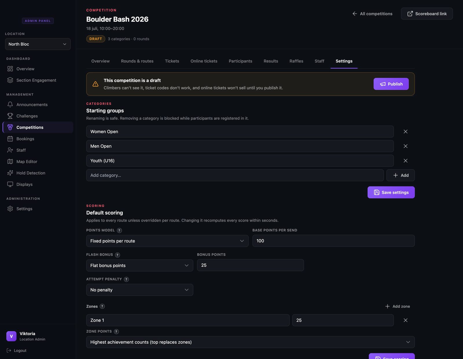 The settings tab with the category editor and the default scoring editor: fixed points per boulder, a flash bonus, and zone points.