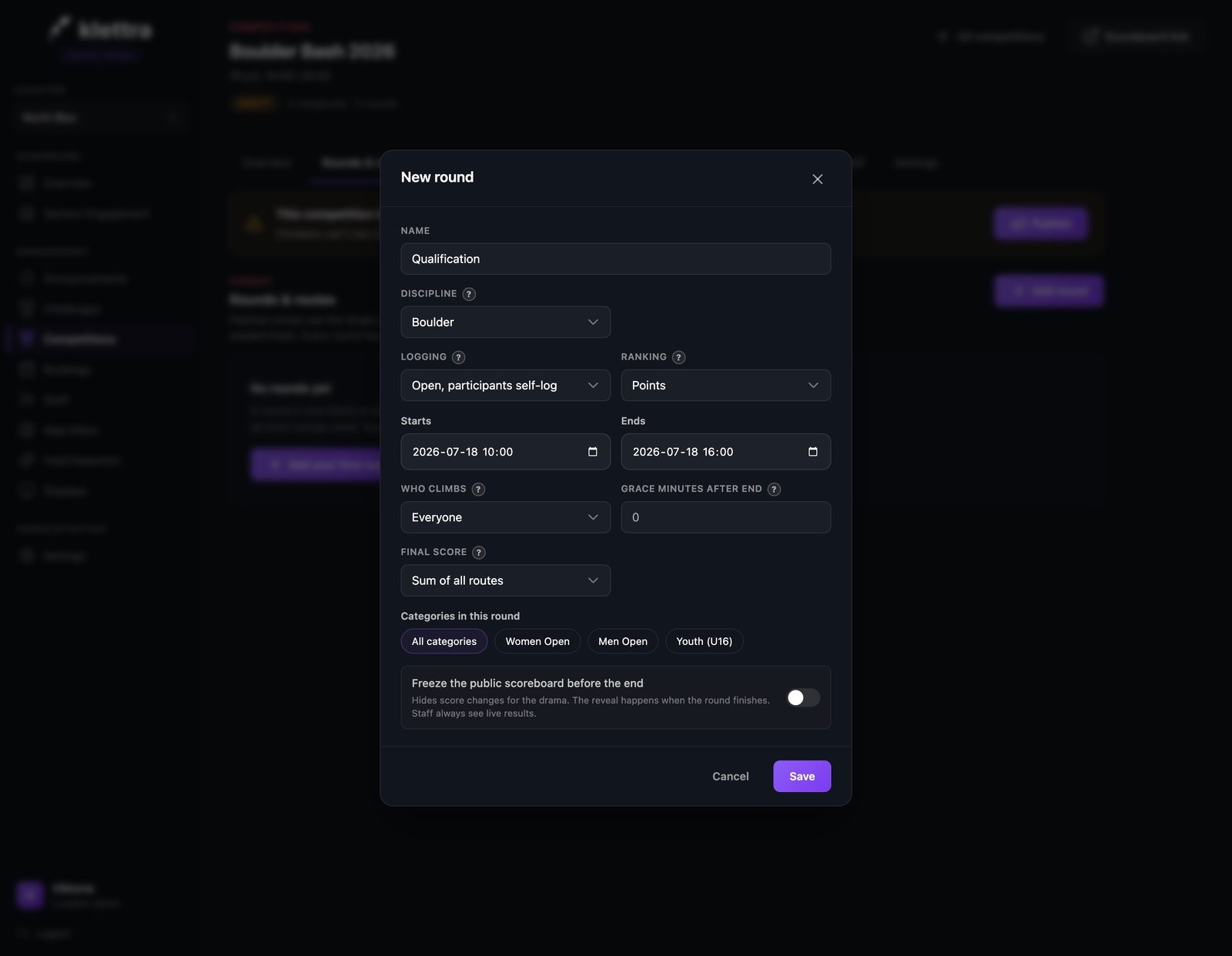 The new round form for an open qualification: self logging, points ranking, a time window, and category chips.
