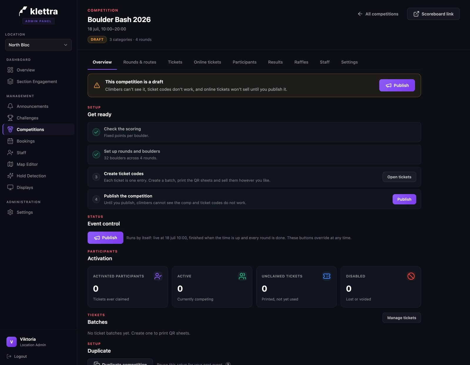The overview checklist with scoring and boulders complete, and ticket codes and publish still to do.