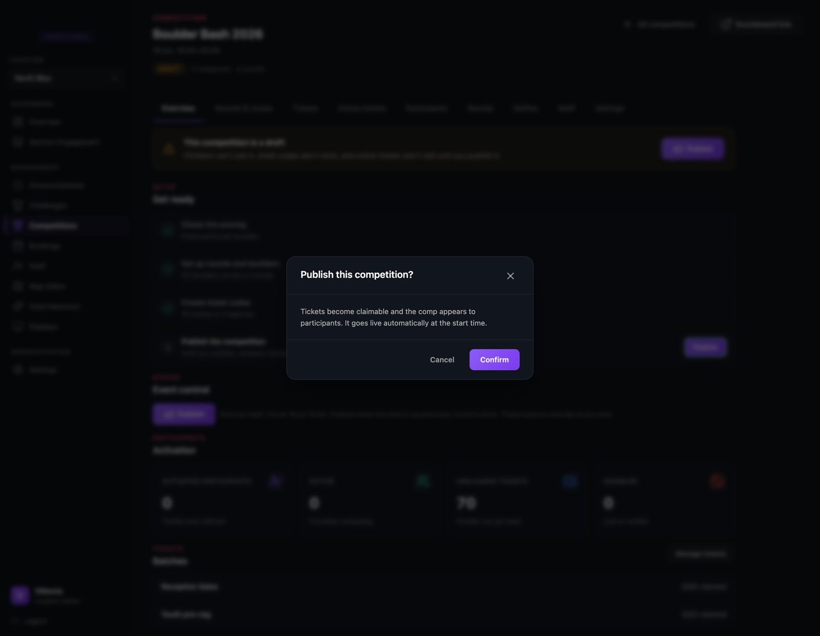 The publish confirmation dialog explaining that tickets become claimable and the competition goes live automatically at the start time.