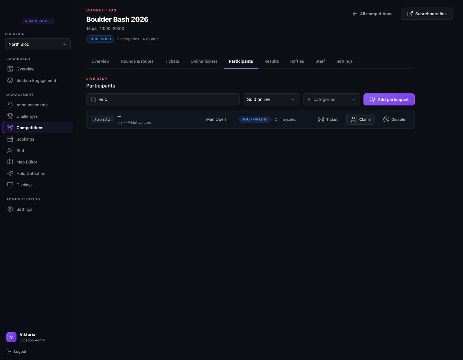 The roster filtered to a ticket sold online, with a masked buyer email and a claim action at the desk.