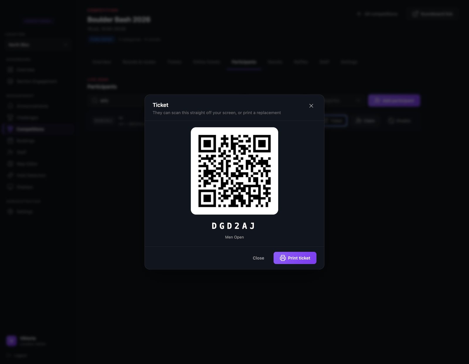 The ticket dialog for one participant, showing a full-size QR code that can be scanned off the screen or printed again.