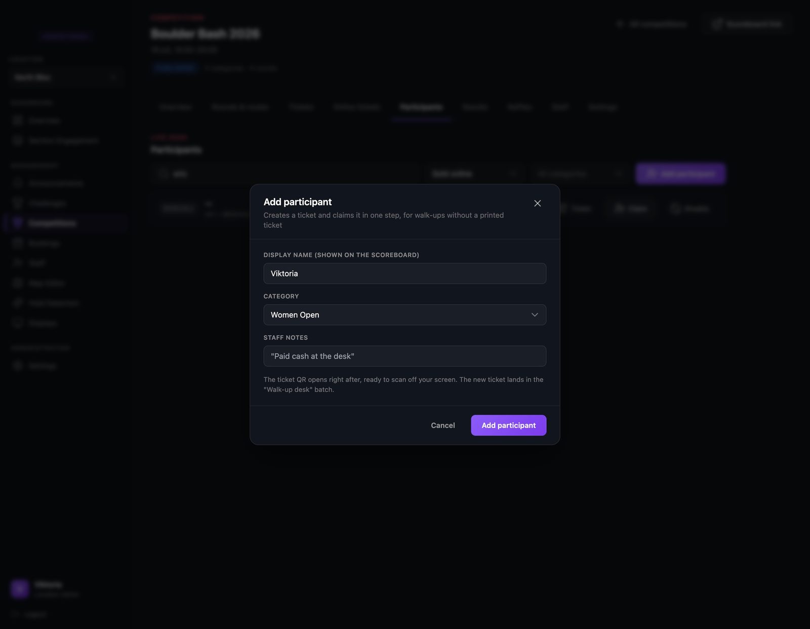 The add participant form with a display name, a category, and a staff note saying they paid cash at the desk.