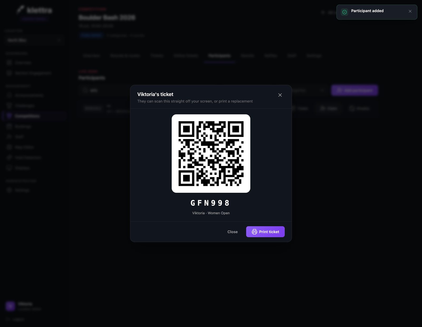 A freshly created walk-up ticket with its QR code and short code, ready to scan or print.