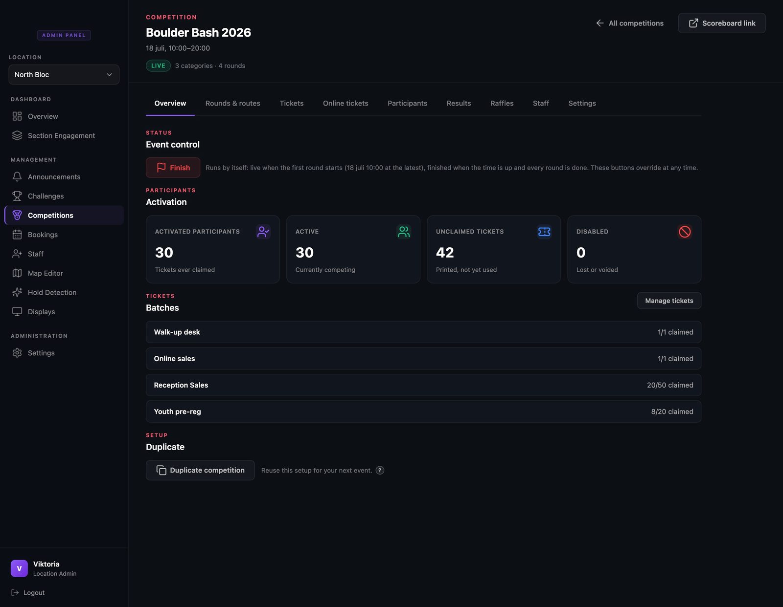 The overview of a live competition with activation stats and a single finish button, noting that the event runs by itself.