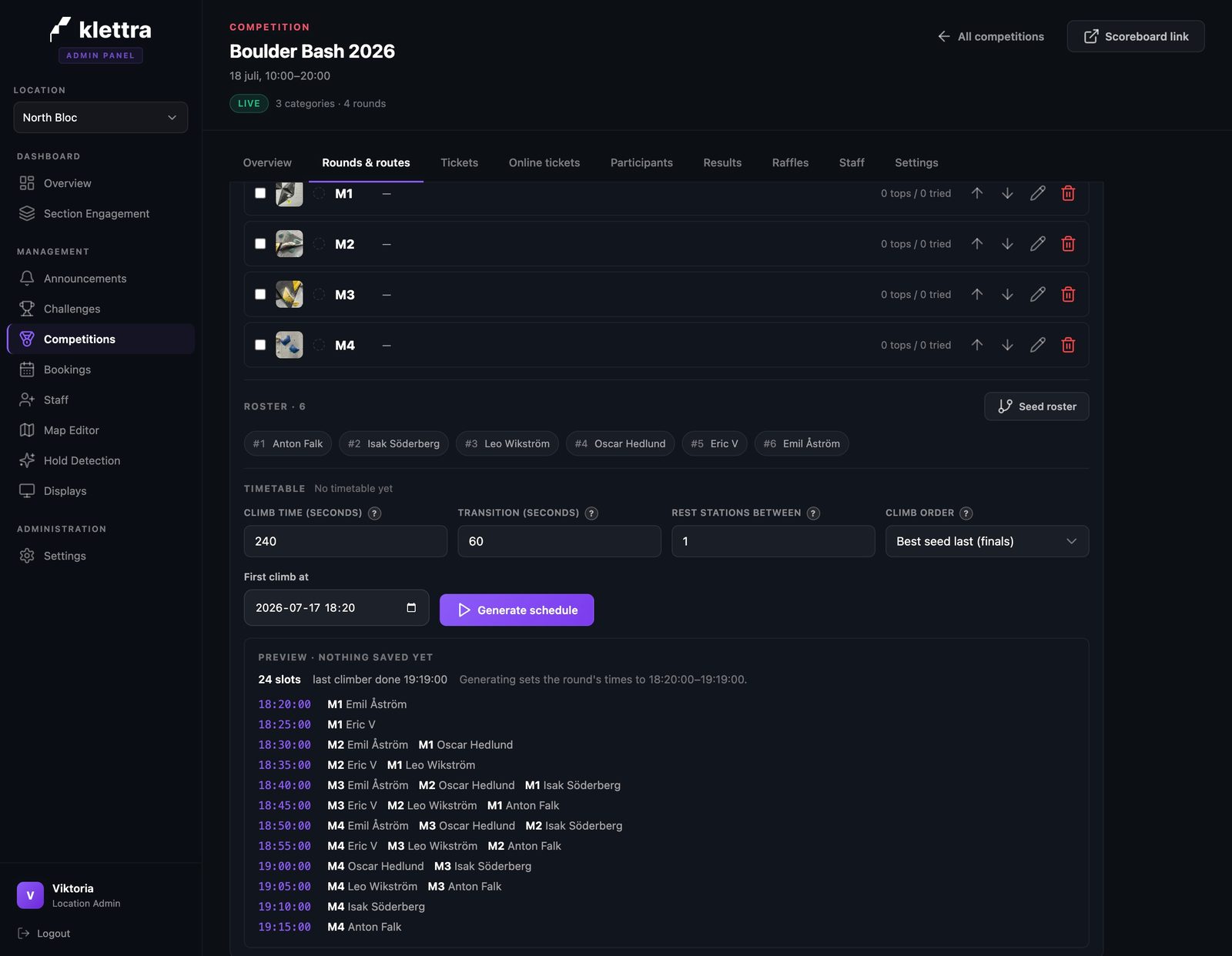 The seeded roster as ordered seed pills, with timetable settings unlocked and a preview of all the slots.