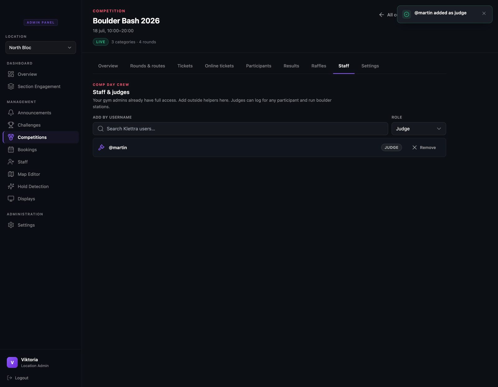 The staff tab with a judge just added, shown with a judge chip and a remove action.