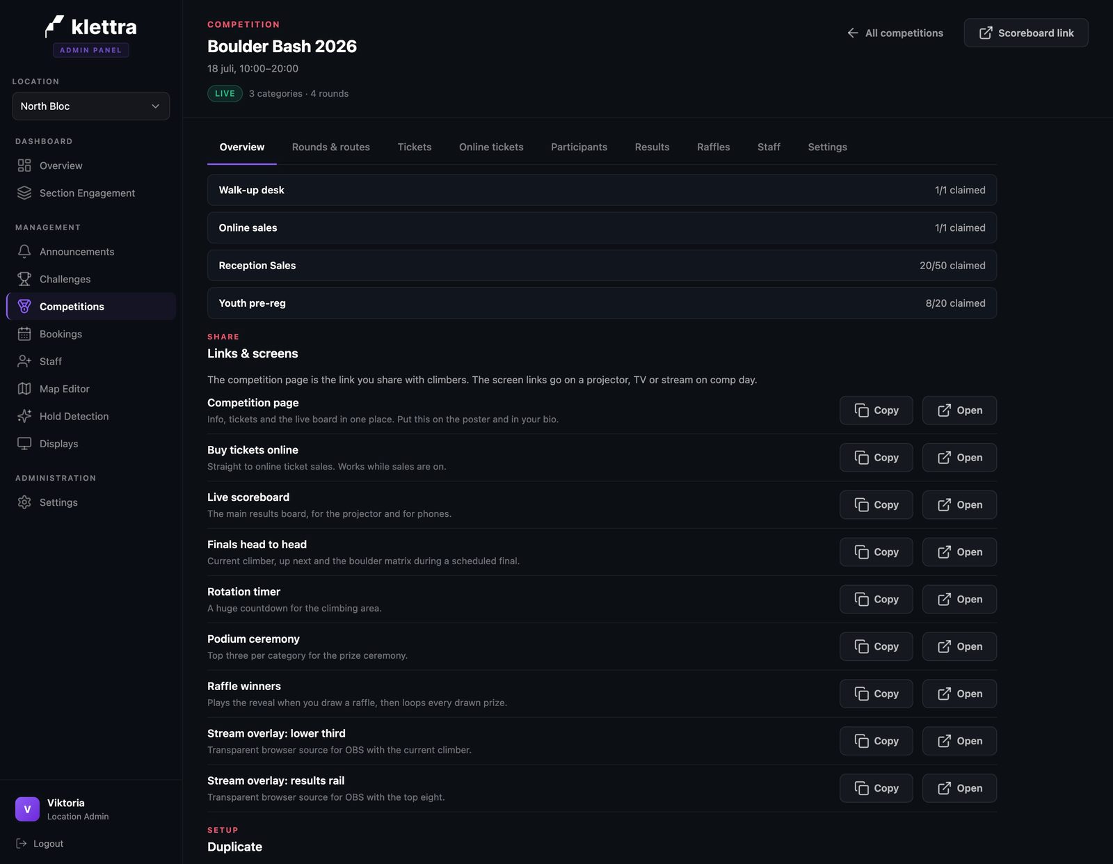 The links and screens panel listing each public page and broadcast view with copy and open buttons.