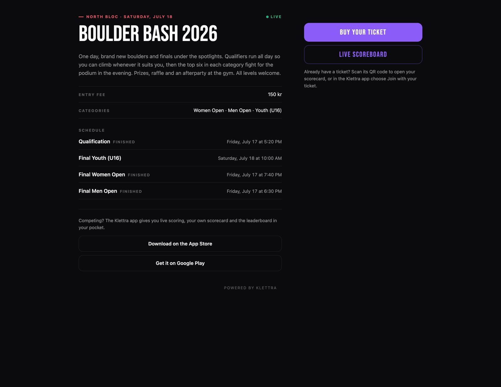 The public competition page on desktop, with the details and schedule beside a rail that links to tickets and the live scoreboard.