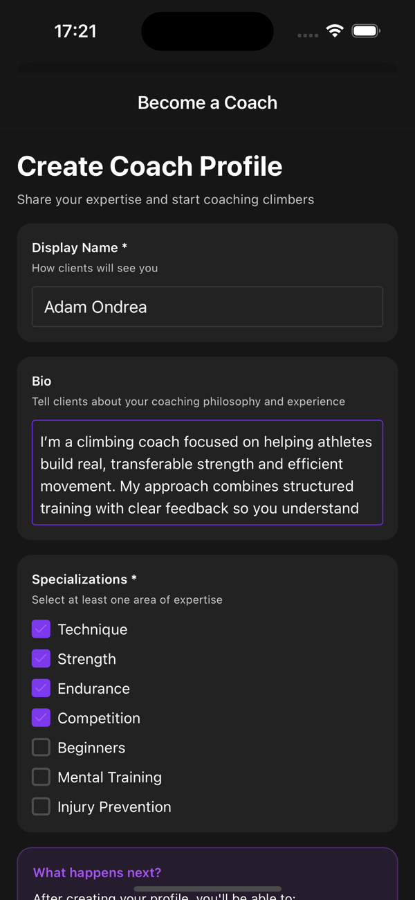 Creating a coach profile