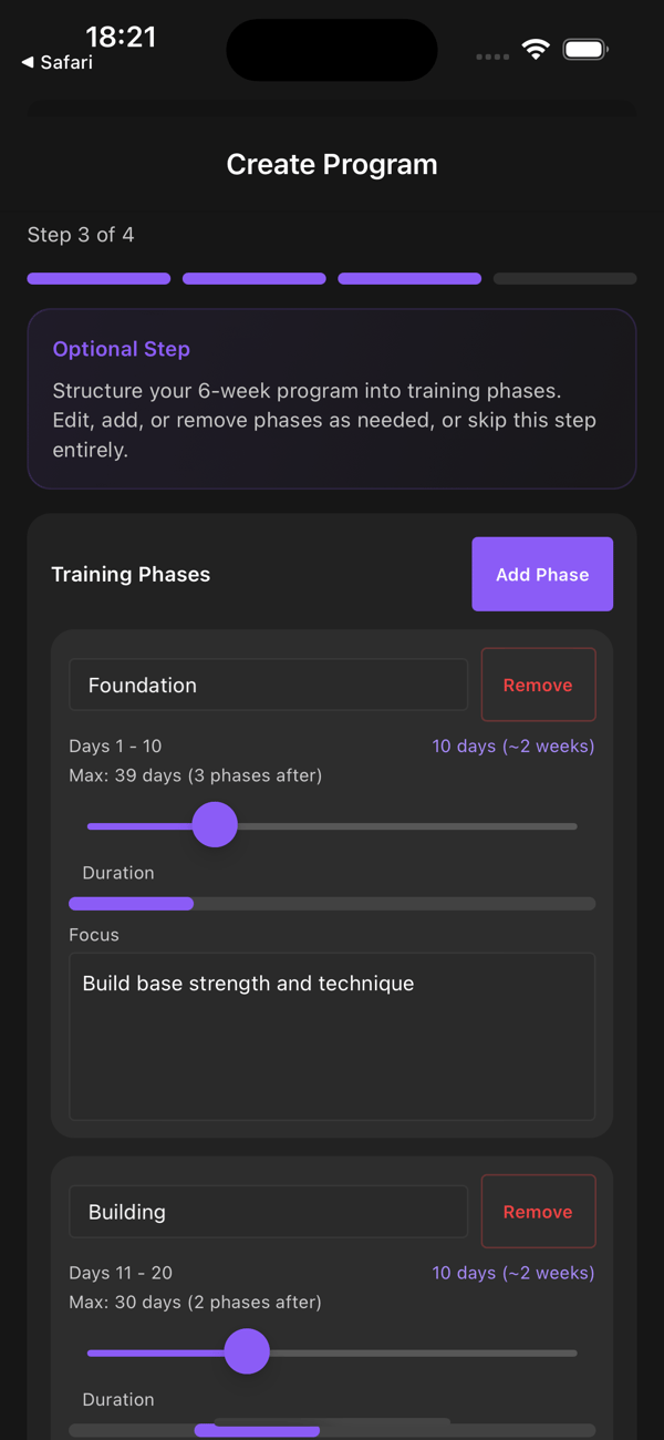 Setting up named training phases