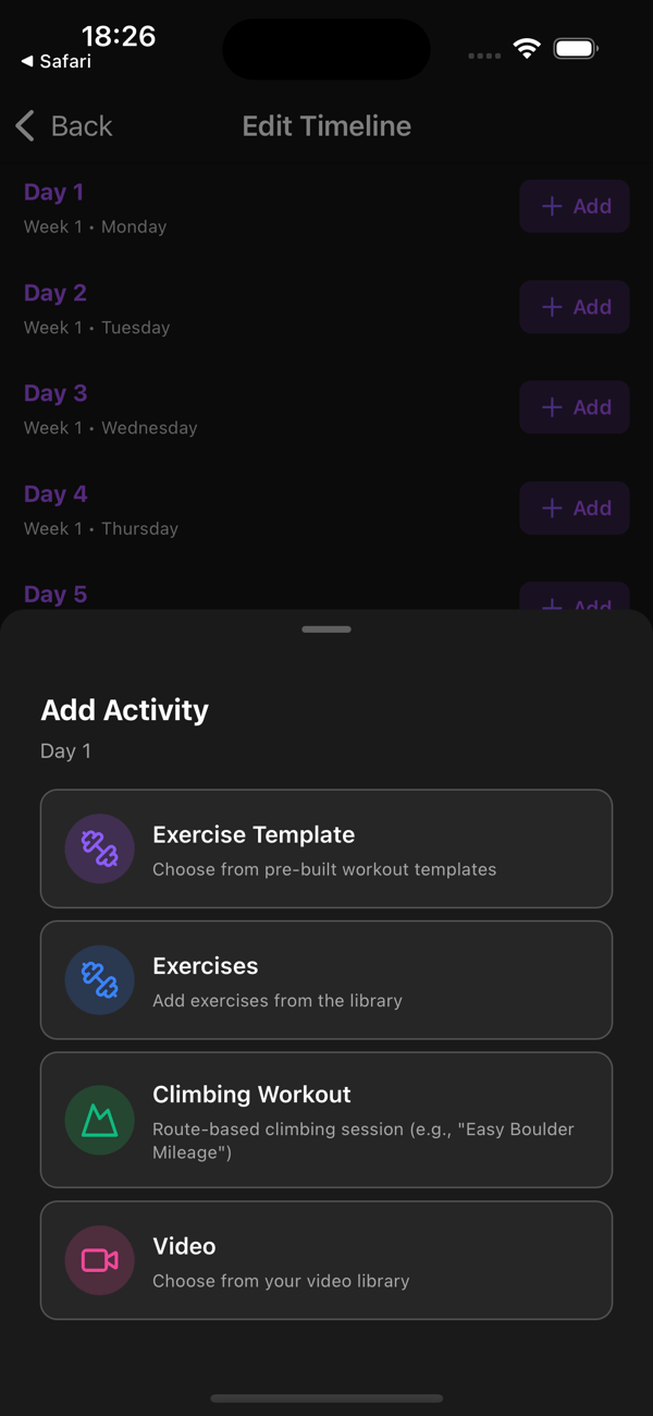Adding an activity to a training day