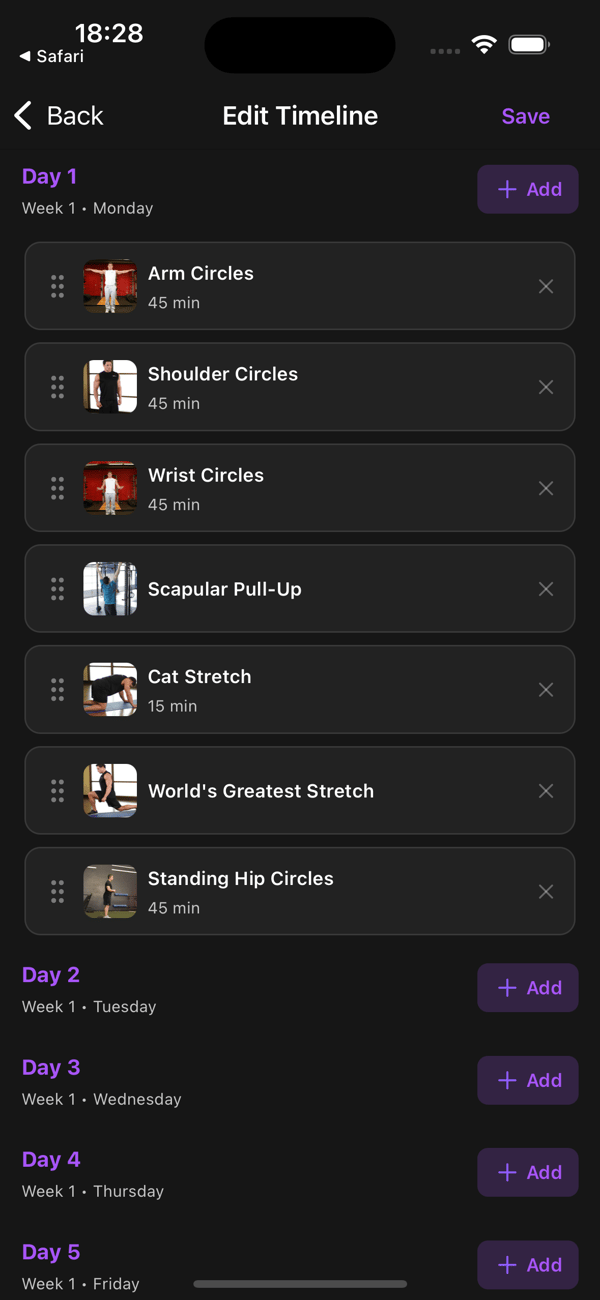 Exercise templates added to the timeline