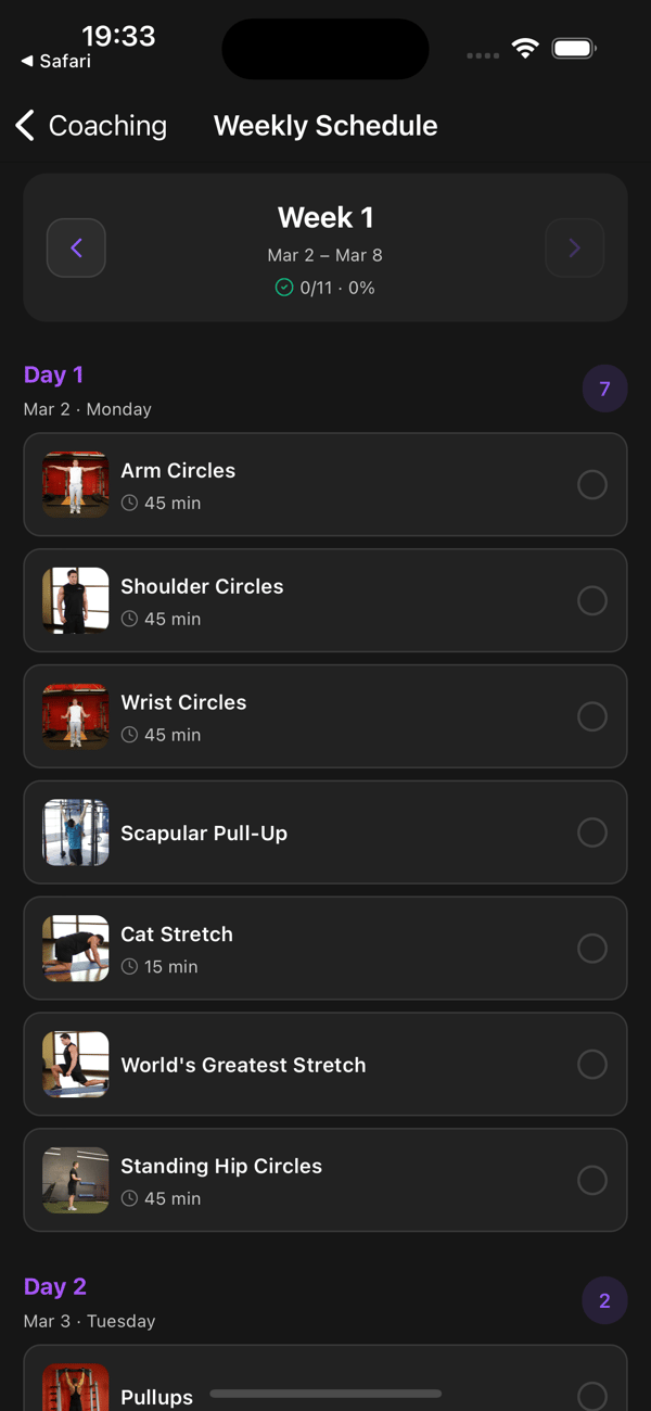 The weekly schedule as the client sees it