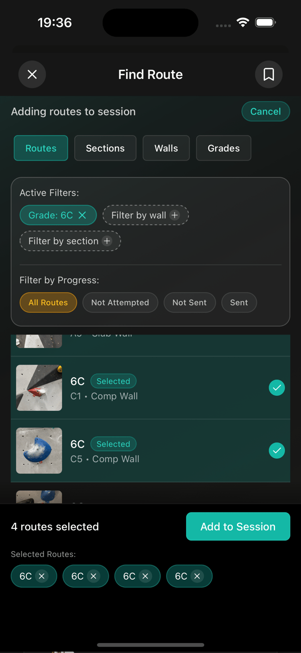 Selecting routes by grade and wall