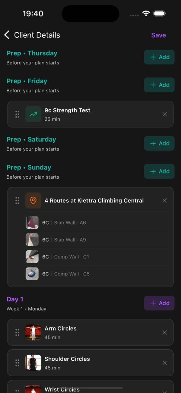 Assigned routes in the training timeline