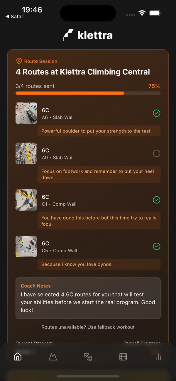 A route workout on the client home screen