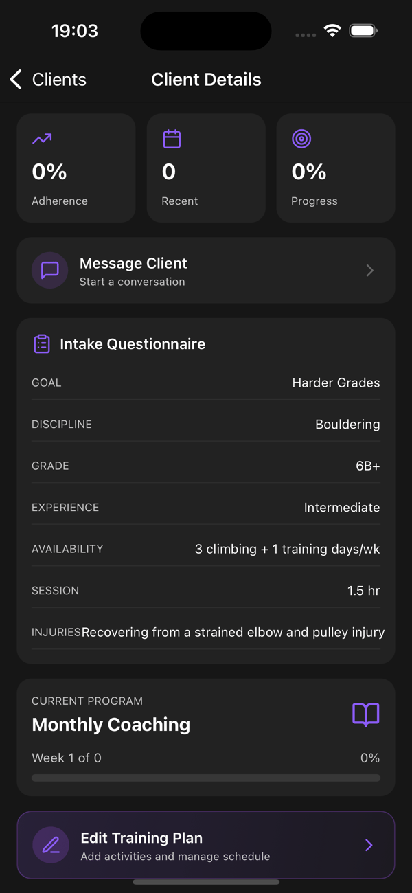 A client detail view with intake data